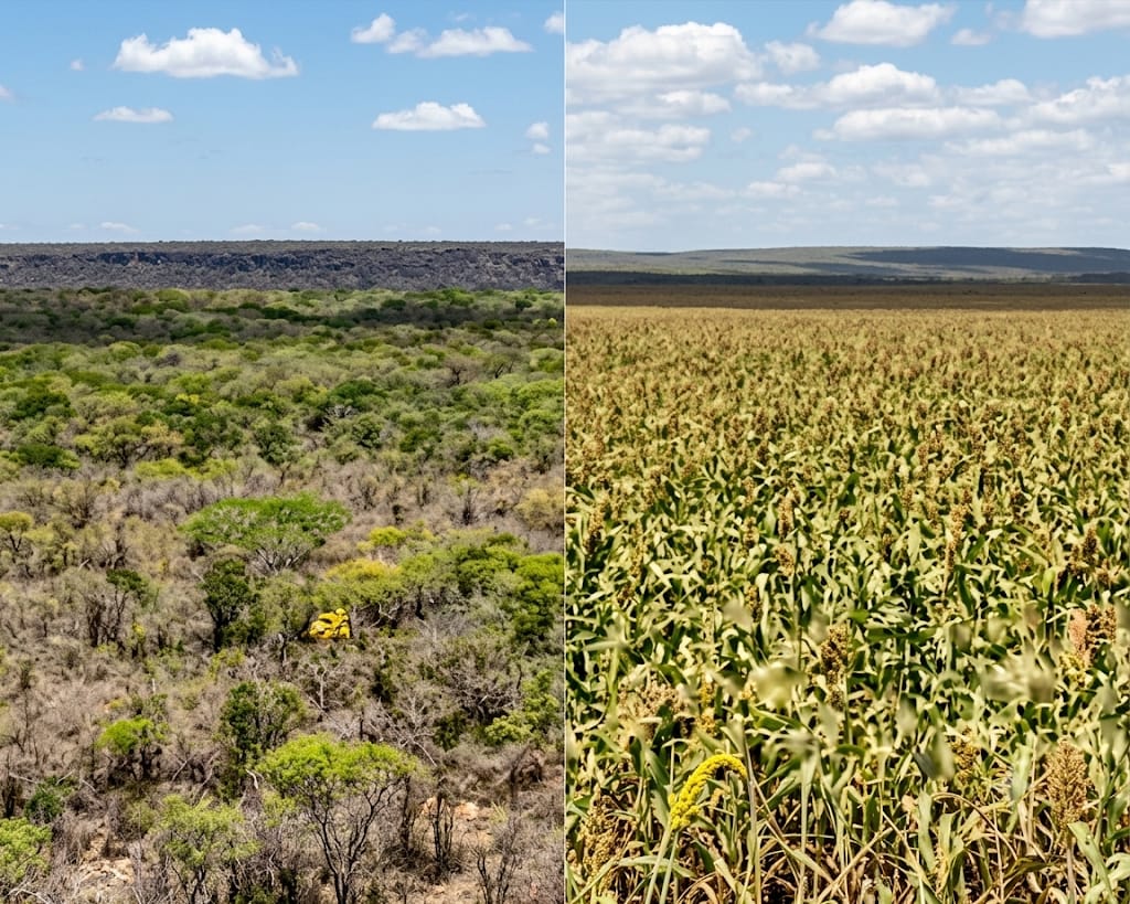 Dos vistas juntas: monte bajo seco a la izquierda y cultivo de grano alto a la derecha